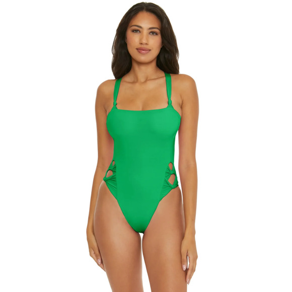 BECCA Baja Mar One Piece Swimsuit Small Green Verde Bow Side Open Back NWT - Picture 1 of 11